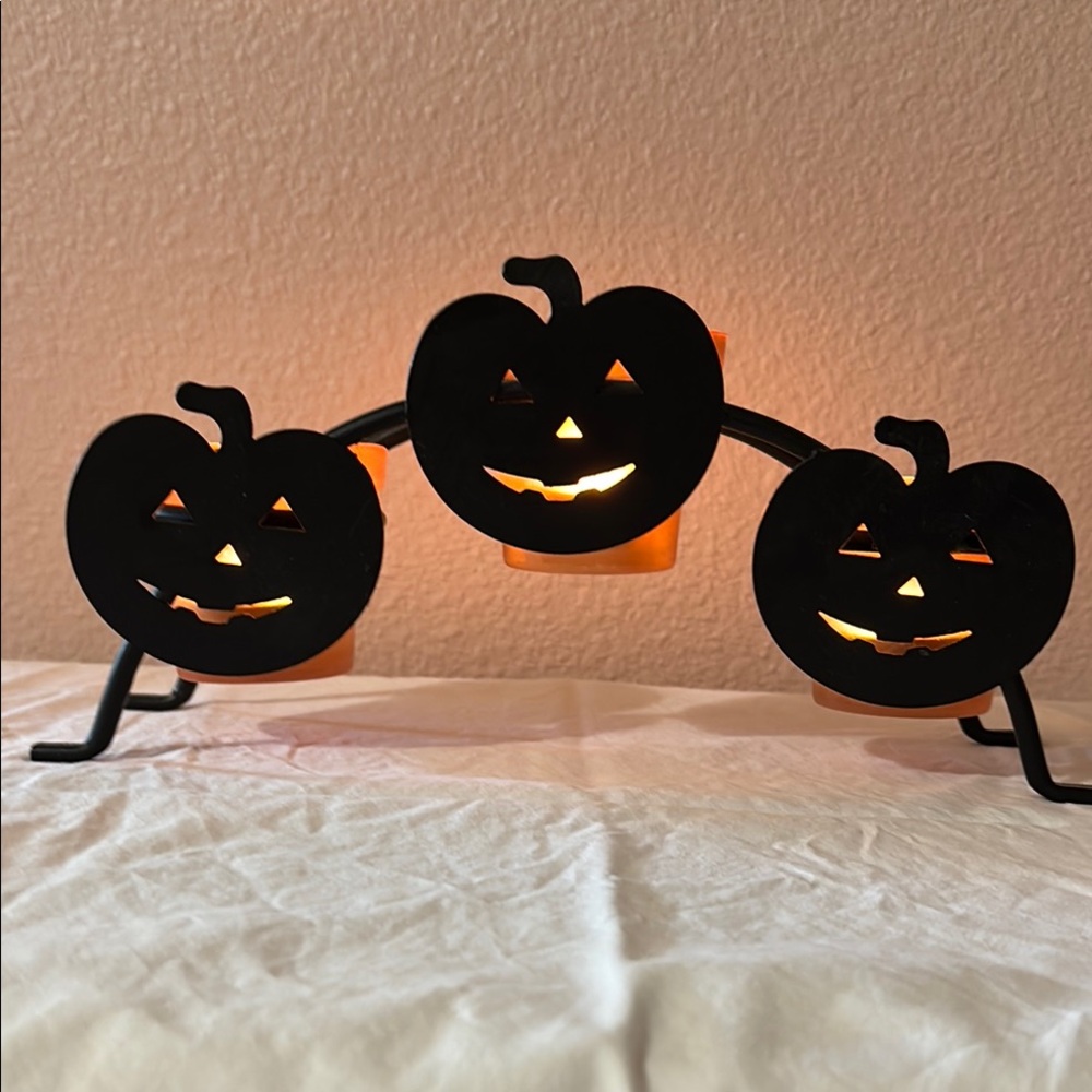 Halloween Pumpkin Metal Votive Candle Holder - Black and Orange